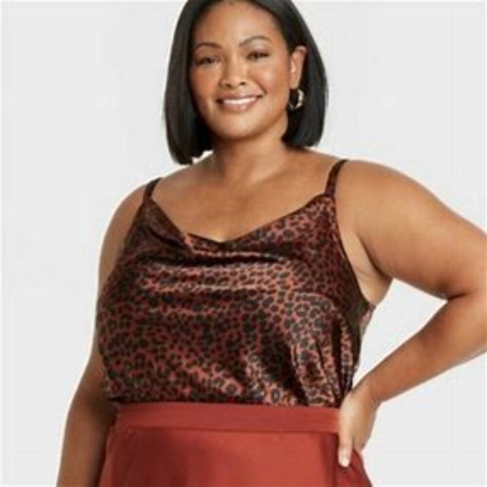 Ava & Viv Spaghetti Strap Top Woman's 2X Adjustable Scoop Cowl Neck Satin Animal
